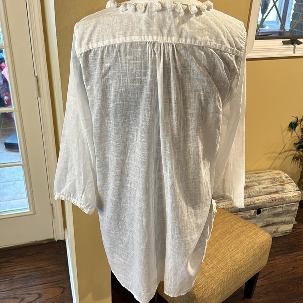 J Crew Woman’s White Pullover Tassel Neckline Linen/CottonTunic - Picture 4 of 10